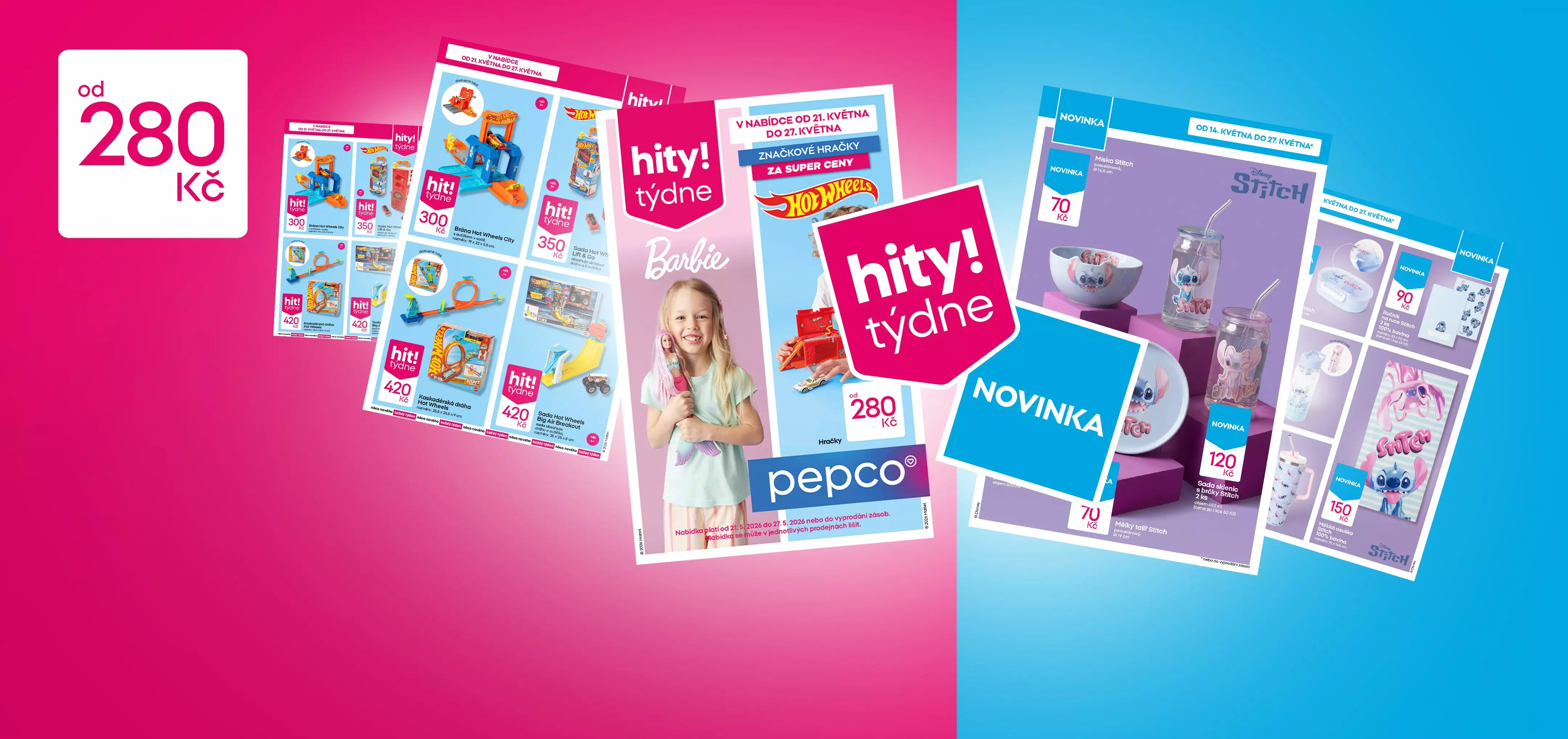 Pepco letáky s hračkami a dětskými produkty, včetně značek Hot Wheels, Barbie a Stitch od 280 Kč.